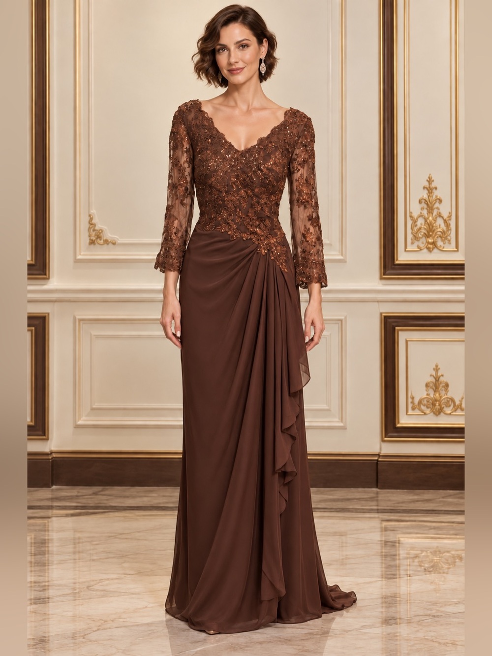NWT Chocolate Brown Lace Sequin Chiffon Wedding Military Gala Gown Sz 16W